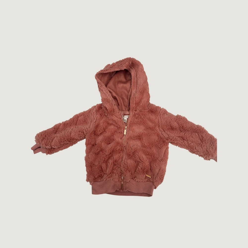 Tahari Baby Faux Fur Jacket Kids 6/9M Pink Swirl Textured Hooded Zip Up Hoodie